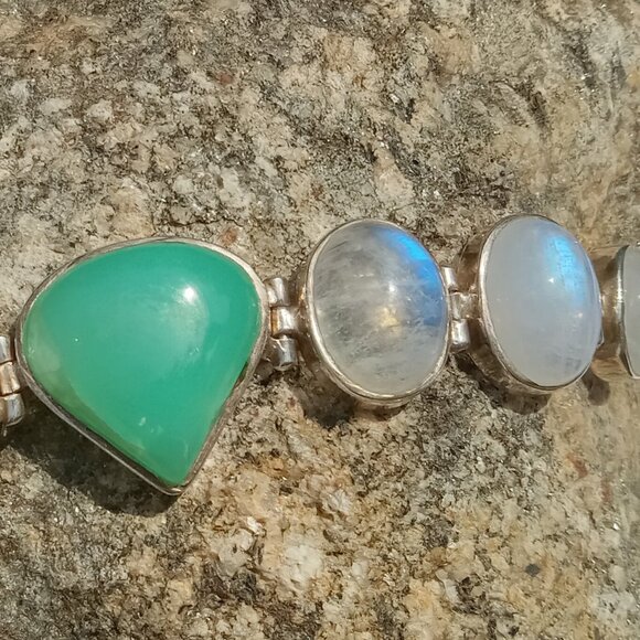 Stunning Chrysoprase And Moonstone 925 Bracelet - Picture 3 of 4